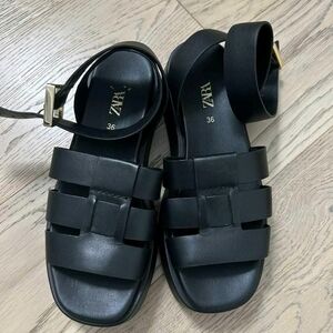 Zara Black Fisherman Leather Platform Sandals